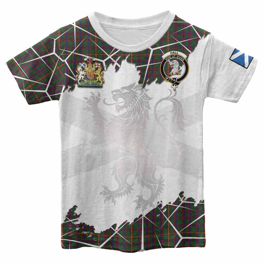 Hall Tartan Kid T-shirt with Family Crest and Lion Rampant Grunge Style