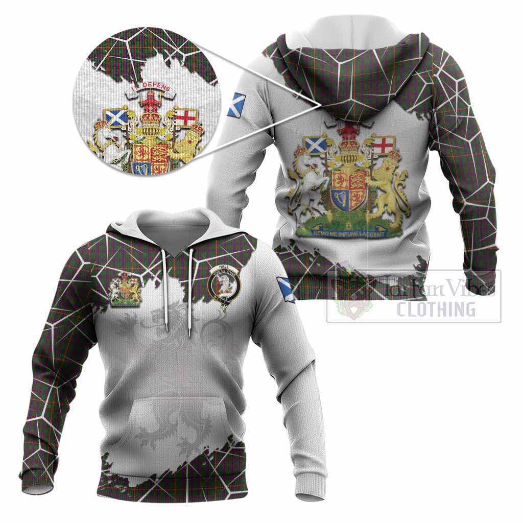 Hall Tartan Knitted Hoodie with Family Crest and Lion Rampant Grunge Style
