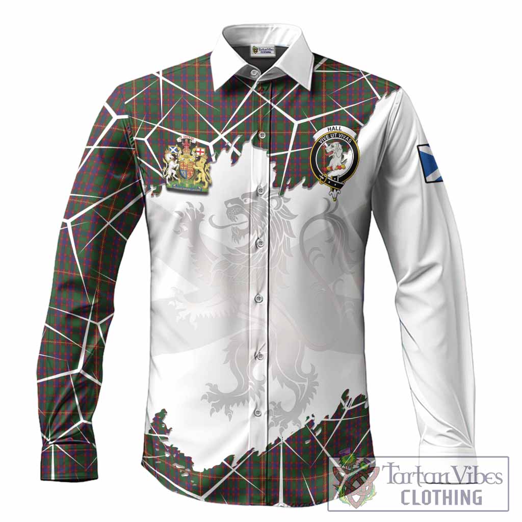 Hall Tartan Long Sleeve Button Shirts with Family Crest and Lion Rampant Grunge Style