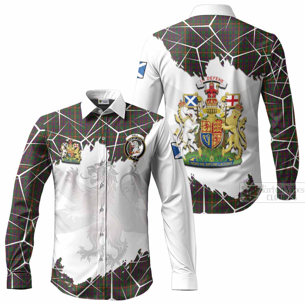 Hall Tartan Long Sleeve Button Shirts with Family Crest and Lion Rampant Grunge Style