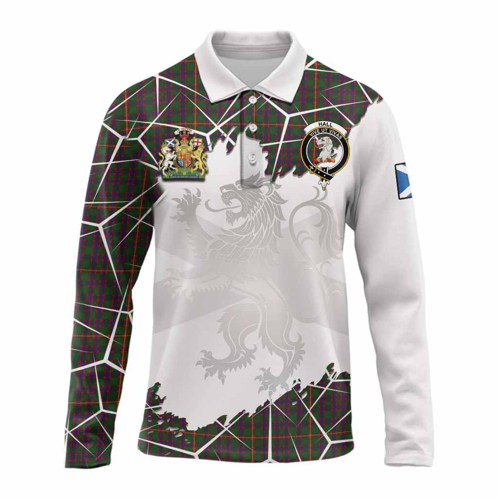 Hall Tartan Long Sleeve Polo Shirt with Family Crest and Lion Rampant Grunge Style