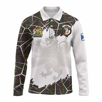 Hall Tartan Long Sleeve Polo Shirt with Family Crest and Lion Rampant Grunge Style