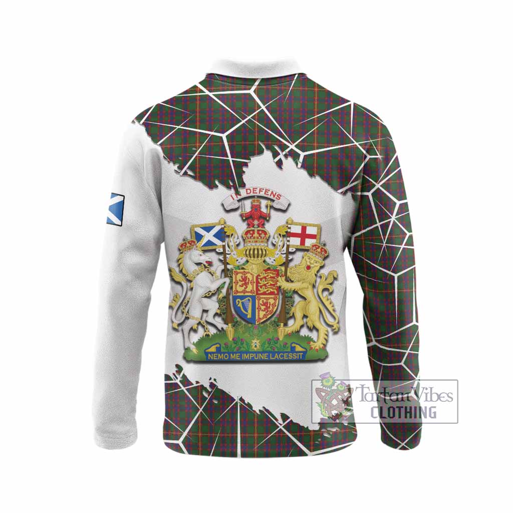Hall Tartan Long Sleeve Polo Shirt with Family Crest and Lion Rampant Grunge Style