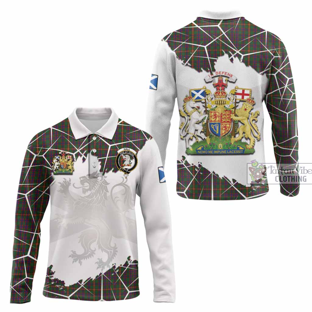 Hall Tartan Long Sleeve Polo Shirt with Family Crest and Lion Rampant Grunge Style