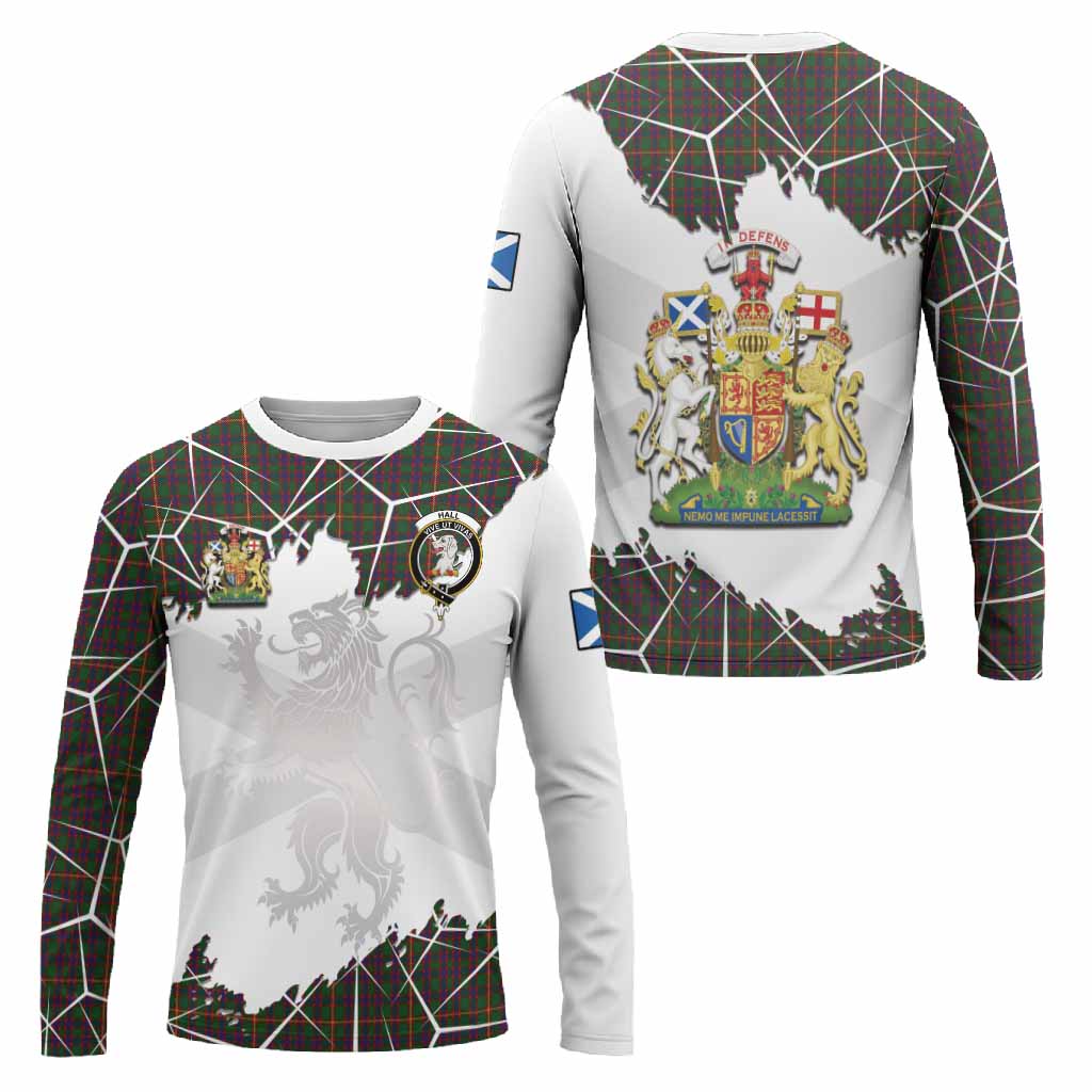 Hall Tartan Long Sleeve T-Shirt with Family Crest and Lion Rampant Grunge Style
