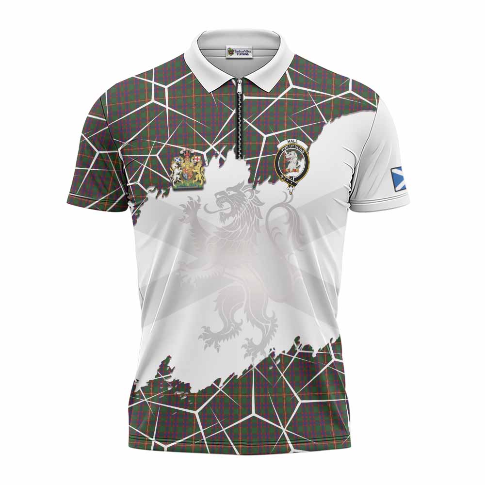 Hall Tartan Zipper Polo Shirt with Family Crest and Lion Rampant Grunge Style