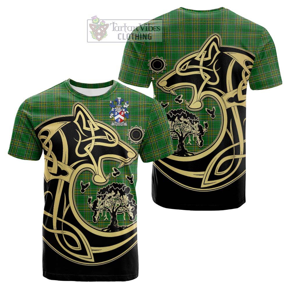 Tartan Vibes Clothing Halligan Irish Tartan Cotton T-shirt with Coat of Arms Celtic Wolf Style