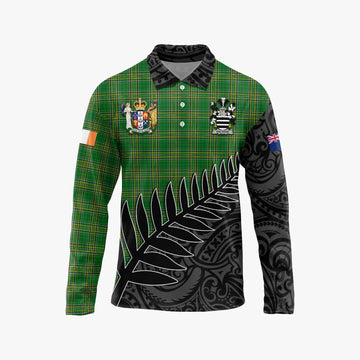 Halthom Irish Clan Tartan Long Sleeve Polo Shirt with Coat of Arms New Zealand Silver Fern Half Style