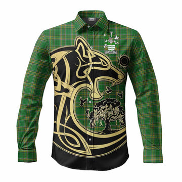 Haly Irish Tartan Long Sleeve Button Shirt with Coat of Arms Celtic Wolf Style Men's Shirt S - Tartan Vibes Clothing
