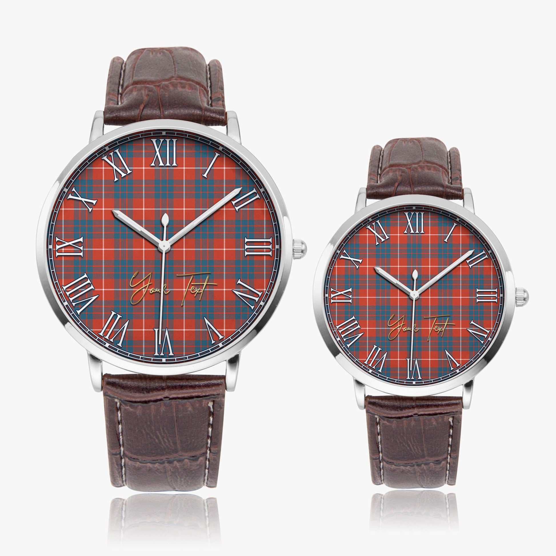 Hamilton Ancient Tartan Personalized Your Text Leather Trap Quartz Watch Ultra Thin Silver Case With Brown Leather Strap - Tartanvibesclothing