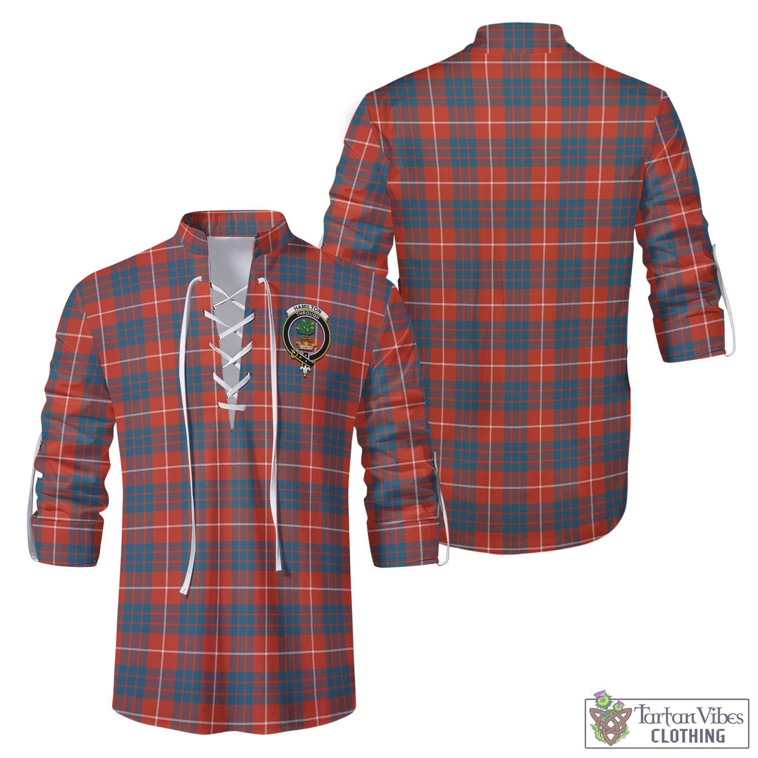 Tartan Vibes Clothing Hamilton Ancient Tartan Men's Scottish Traditional Jacobite Ghillie Kilt Shirt with Family Crest