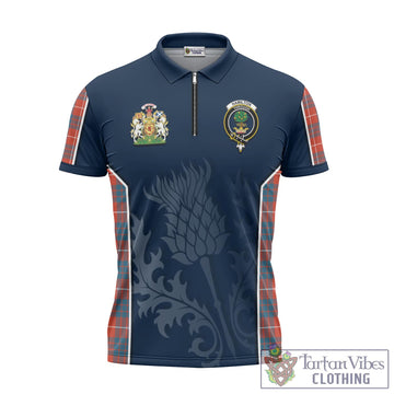 Hamilton Ancient Tartan Zipper Polo Shirt with Family Crest and Scottish Thistle Vibes Sport Style