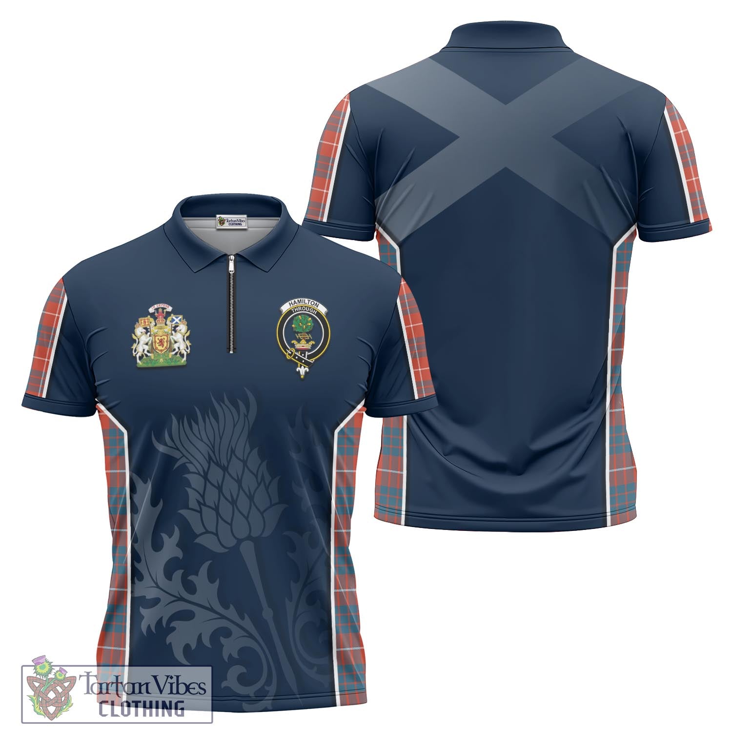 Tartan Vibes Clothing Hamilton Ancient Tartan Zipper Polo Shirt with Family Crest and Scottish Thistle Vibes Sport Style