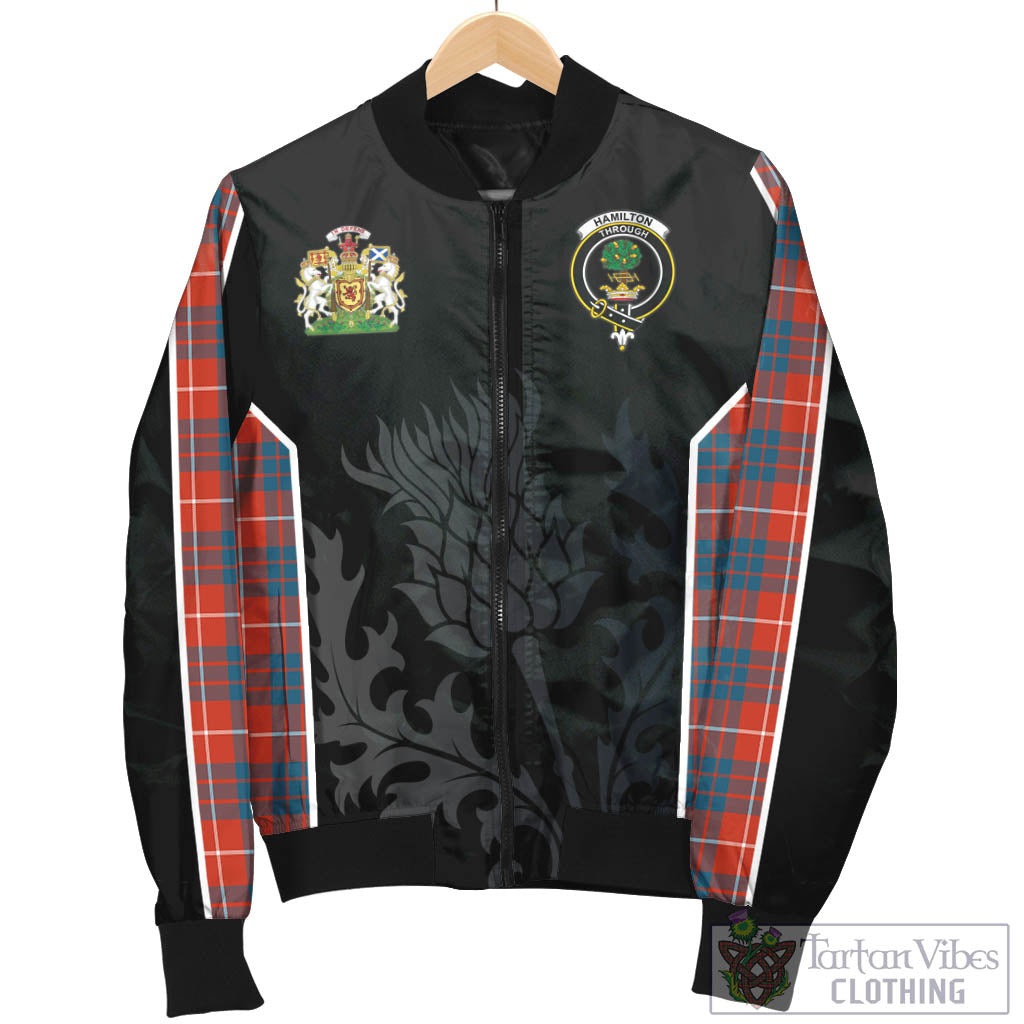Tartan Vibes Clothing Hamilton Ancient Tartan Bomber Jacket with Family Crest and Scottish Thistle Vibes Sport Style