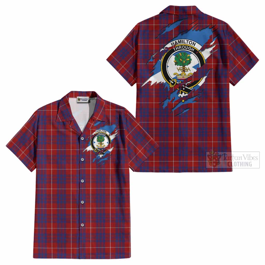 Hamilton Clan Crest In Me Tartan Cotton Hawaiian Shirt Scotland Flag Style