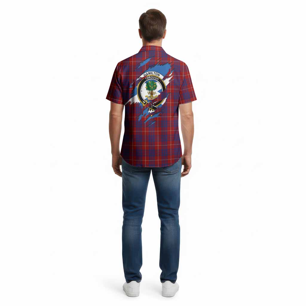 Hamilton Clan Crest In Me Tartan Cotton Hawaiian Shirt Scotland Flag Style