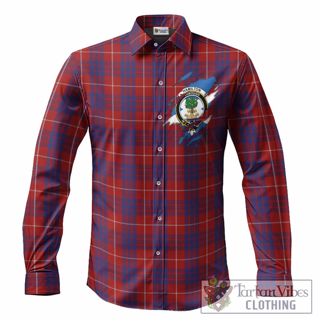 Hamilton Clan Crest In Me Tartan Long Sleeve Button Shirts Scotland Flag Style