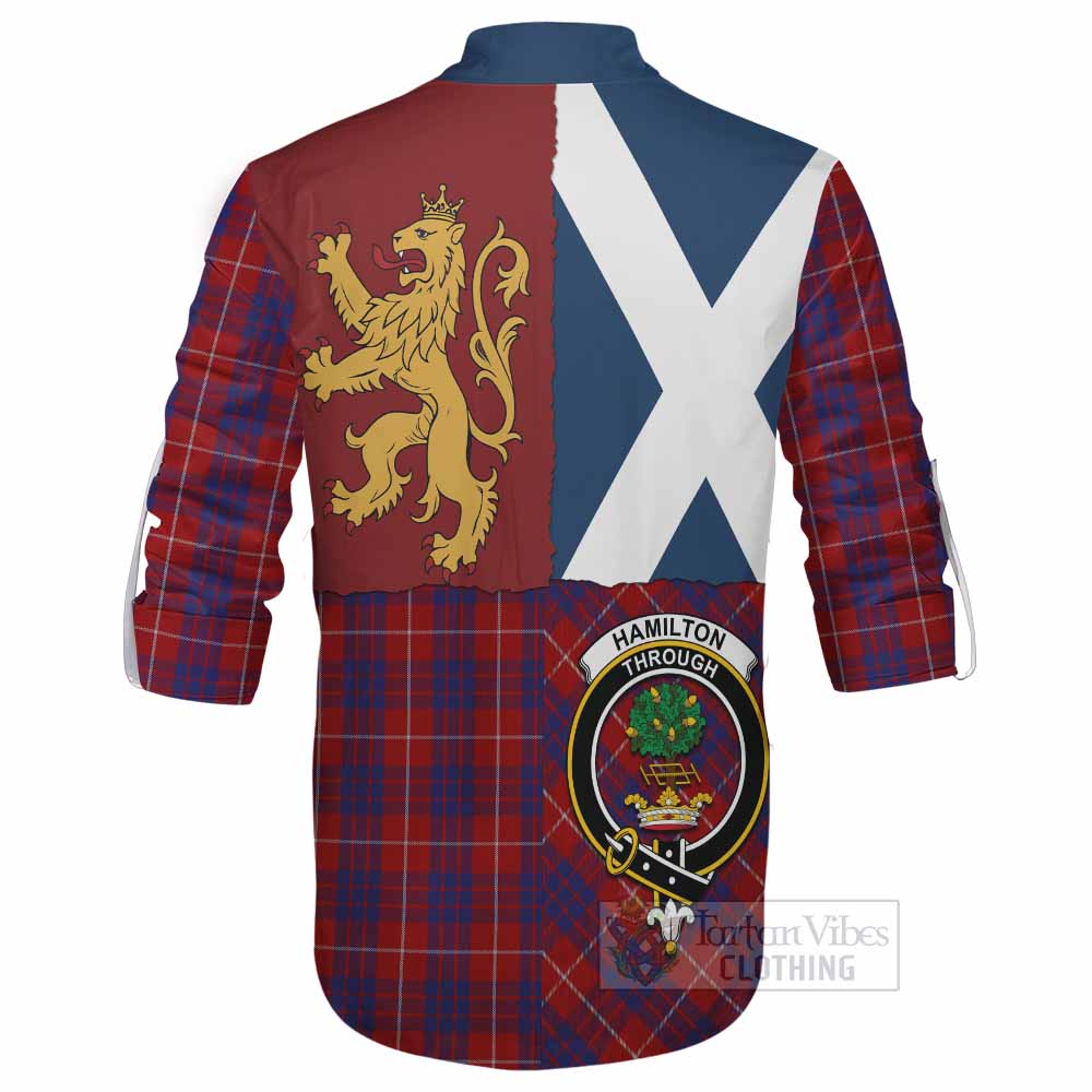 Hamilton Crest Tartan Ghillie Shirt with Lion Rampant Saltire Style - Tartan Vibes Clothing