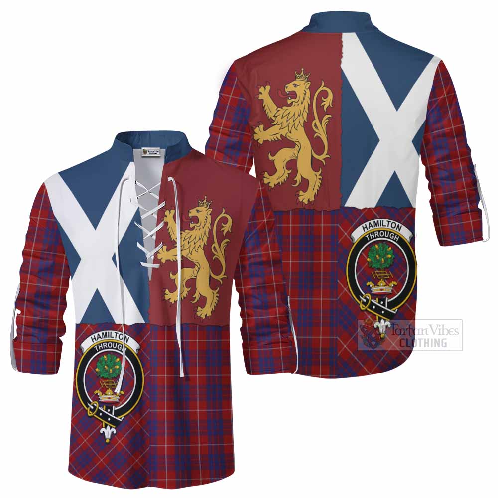 Hamilton Crest Tartan Ghillie Shirt with Lion Rampant Saltire Style - Tartan Vibes Clothing