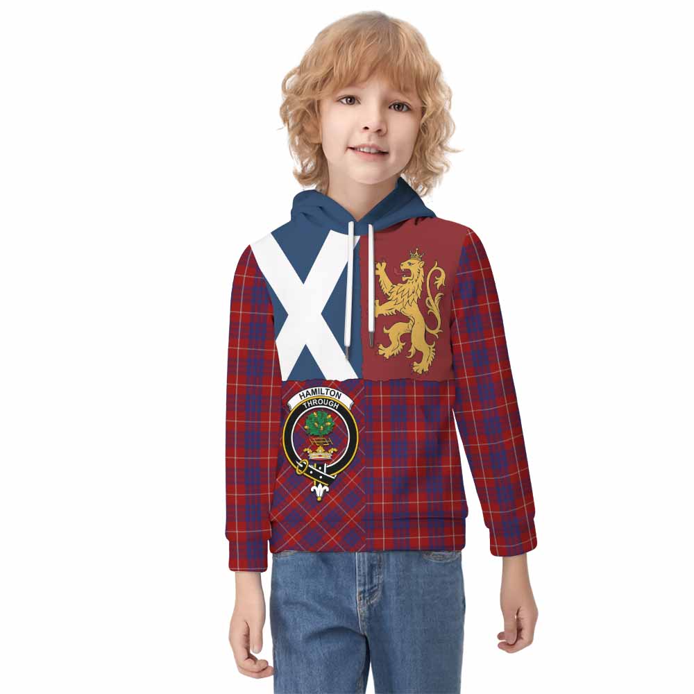 Hamilton Crest Tartan Kid Hoodie with Lion Rampant Saltire Style - Tartan Vibes Clothing