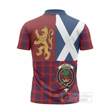 Hamilton Crest Tartan Zipper Polo Shirt with Lion Rampant Saltire Style
