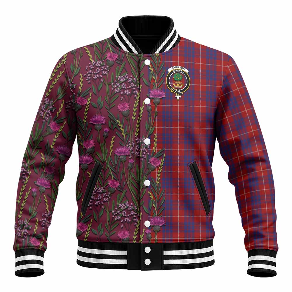 Hamilton Family Crest Tartan Baseball Jacket Scottish Thistle Flower Pattern Half Style - Tartan Vibes Clothing