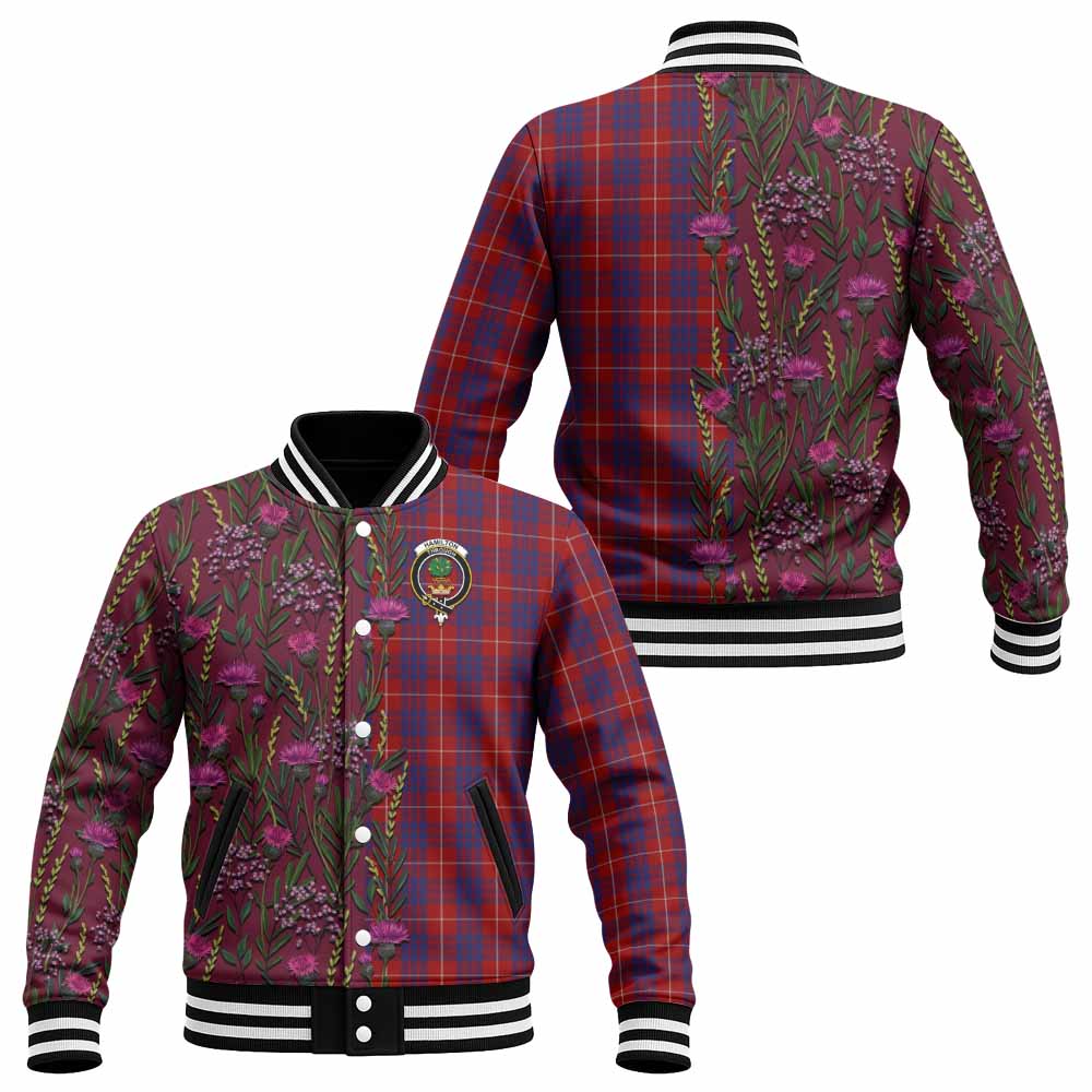 Hamilton Family Crest Tartan Baseball Jacket Scottish Thistle Flower Pattern Half Style - Tartan Vibes Clothing