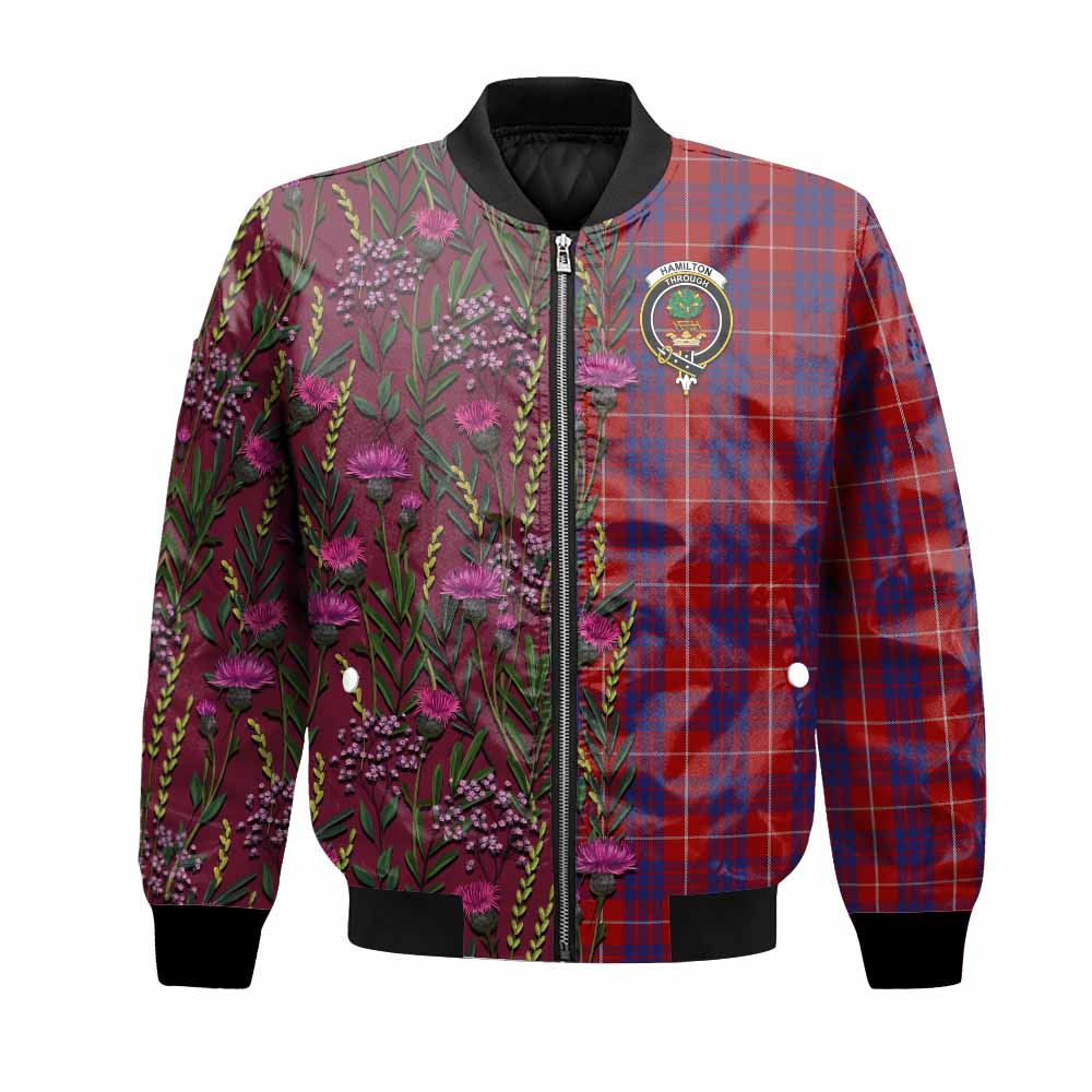 Hamilton Family Crest Tartan Bomber Jacket Scottish Thistle Flower Pattern Half Style - Tartan Vibes Clothing