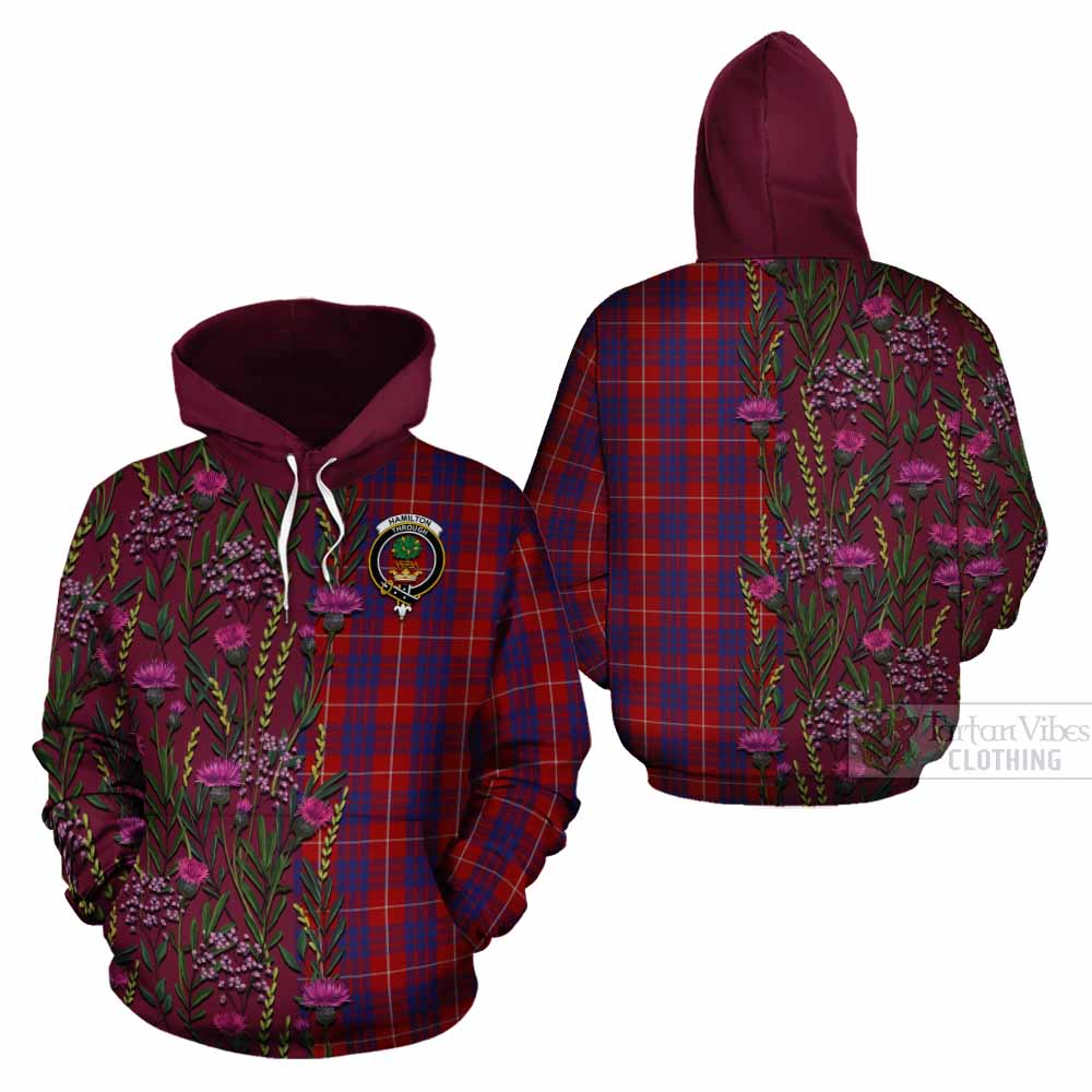 Hamilton Family Crest Tartan Cotton Hoodie Scottish Thistle Flower Pattern Half Style - Tartan Vibes Clothing