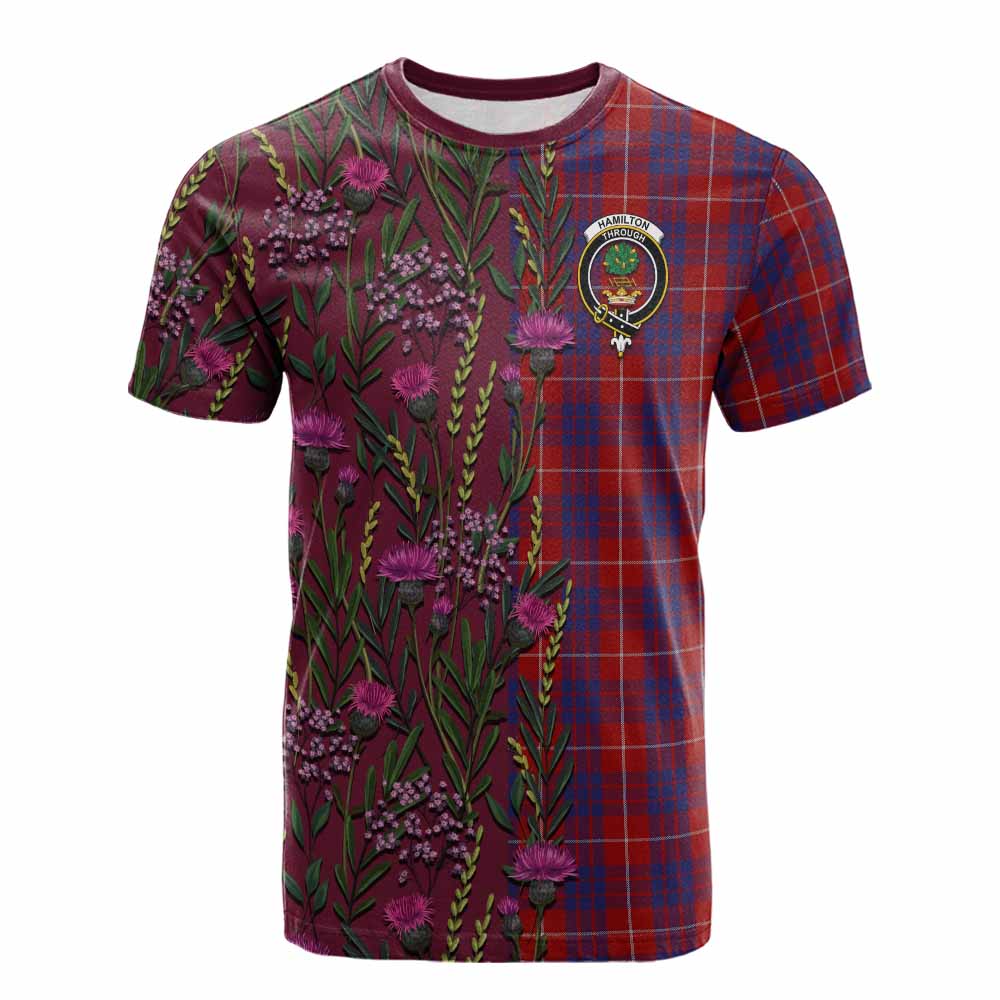 Hamilton Family Crest Tartan Cotton T-shirt Scottish Thistle Flower Pattern Half Style - Tartan Vibes Clothing