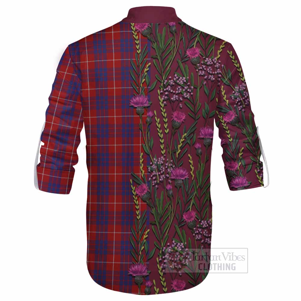 Hamilton Family Crest Tartan Ghillie Shirt Scottish Thistle Flower Pattern Half Style - Tartan Vibes Clothing