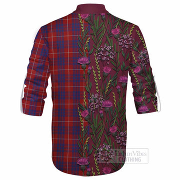Hamilton Family Crest Tartan Ghillie Shirt Scottish Thistle Flower Pattern Half Style