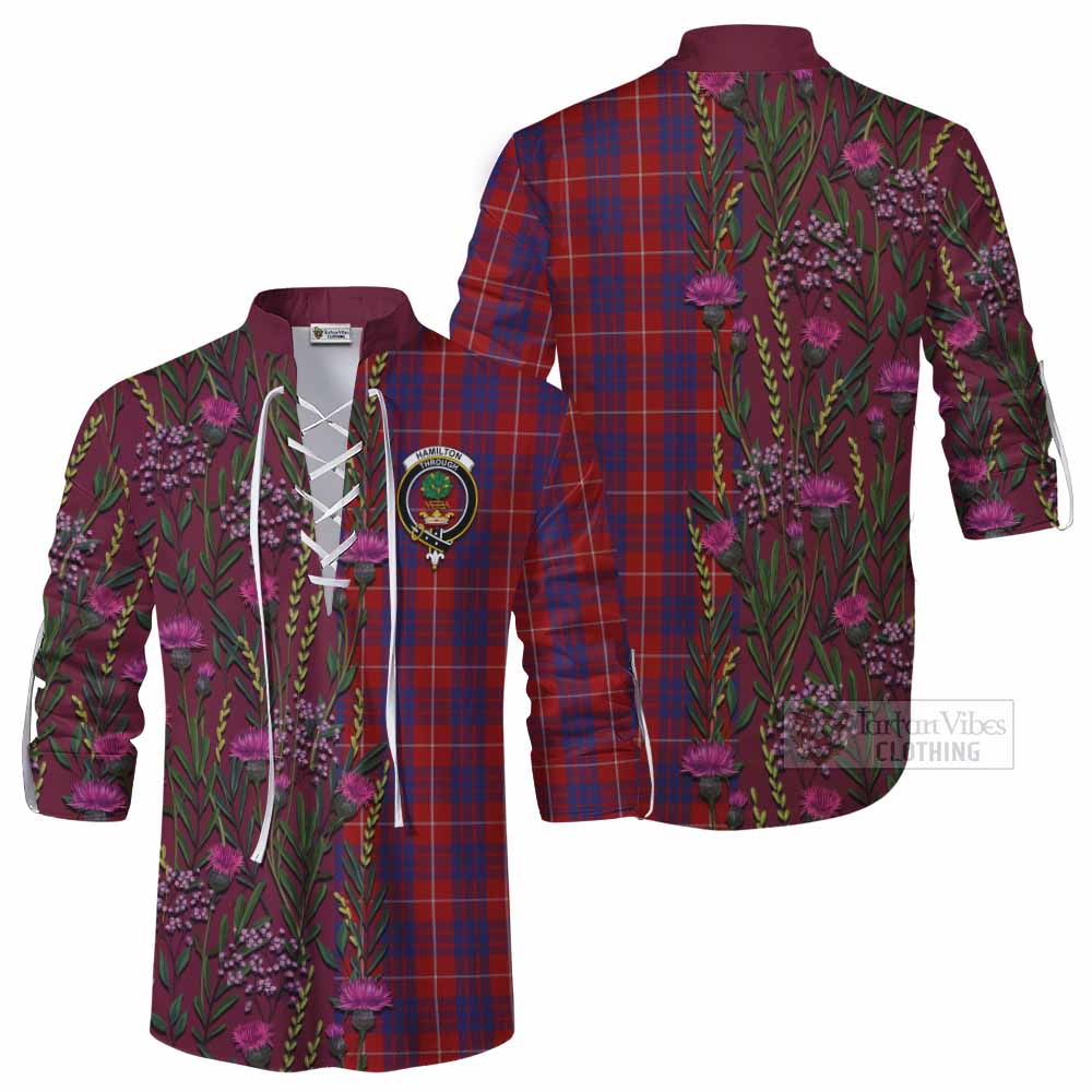 Hamilton Family Crest Tartan Ghillie Shirt Scottish Thistle Flower Pattern Half Style - Tartan Vibes Clothing