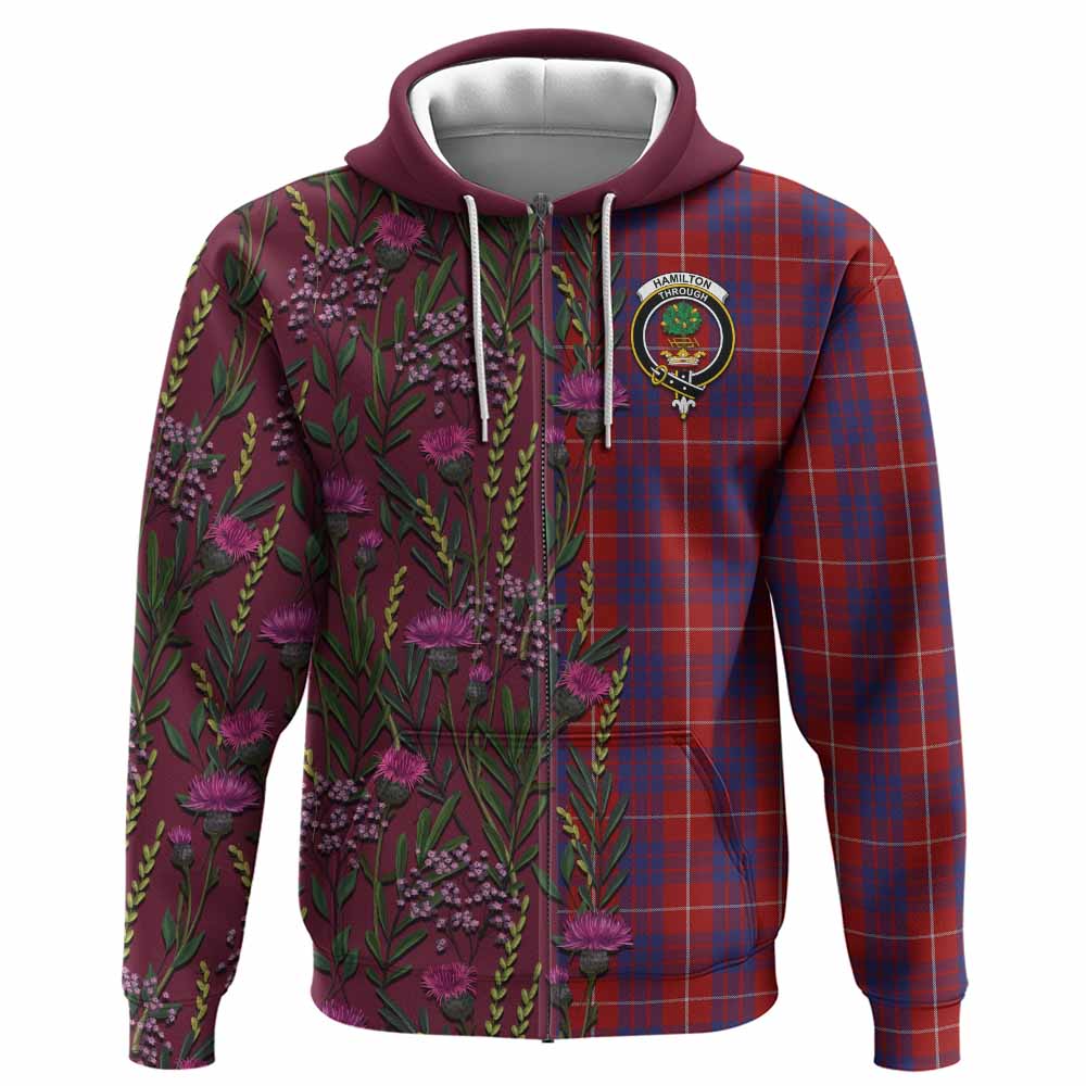 Hamilton Family Crest Tartan Hoodie Scottish Thistle Flower Pattern Half Style - Tartan Vibes Clothing