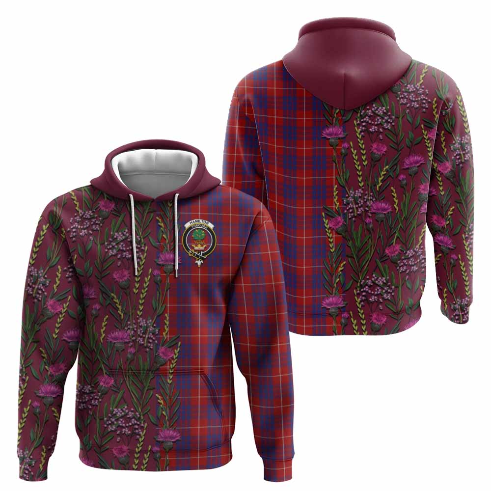Hamilton Family Crest Tartan Hoodie Scottish Thistle Flower Pattern Half Style - Tartan Vibes Clothing