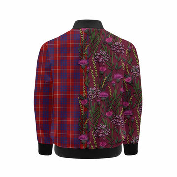 Hamilton Family Crest Tartan Kid Bomber Jacket Scottish Thistle Flower Pattern Half Style