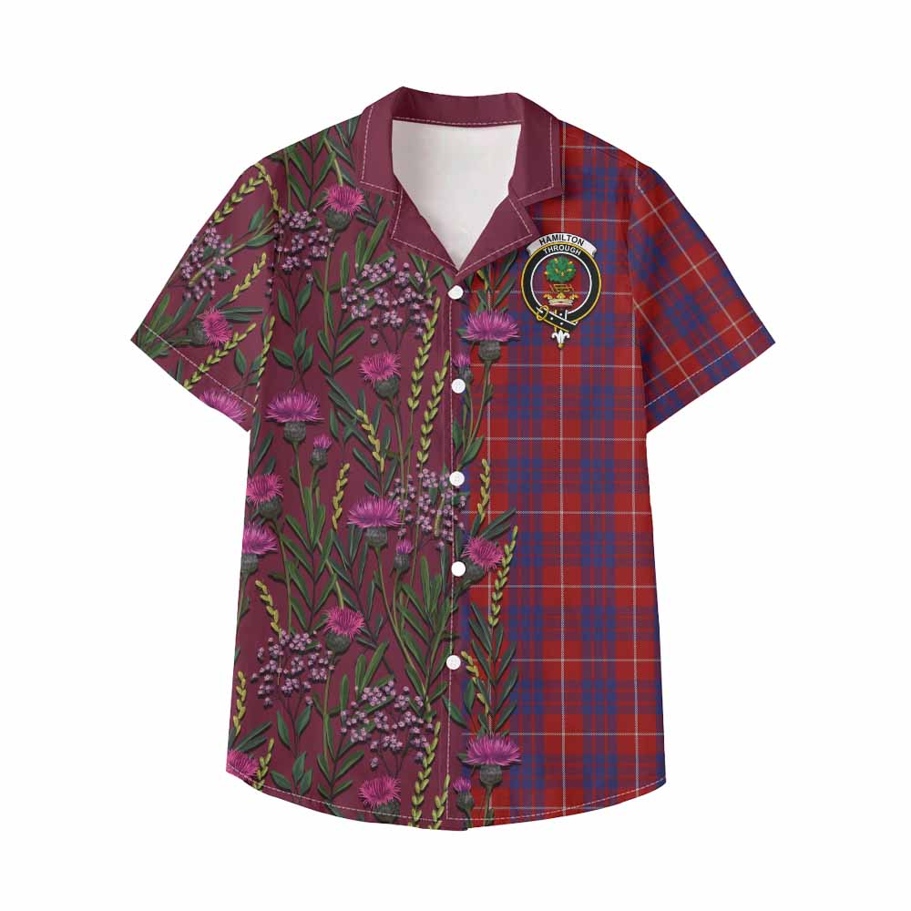 Hamilton Family Crest Tartan Kid Hawaiian Shirt Scottish Thistle Flower Pattern Half Style - Tartan Vibes Clothing