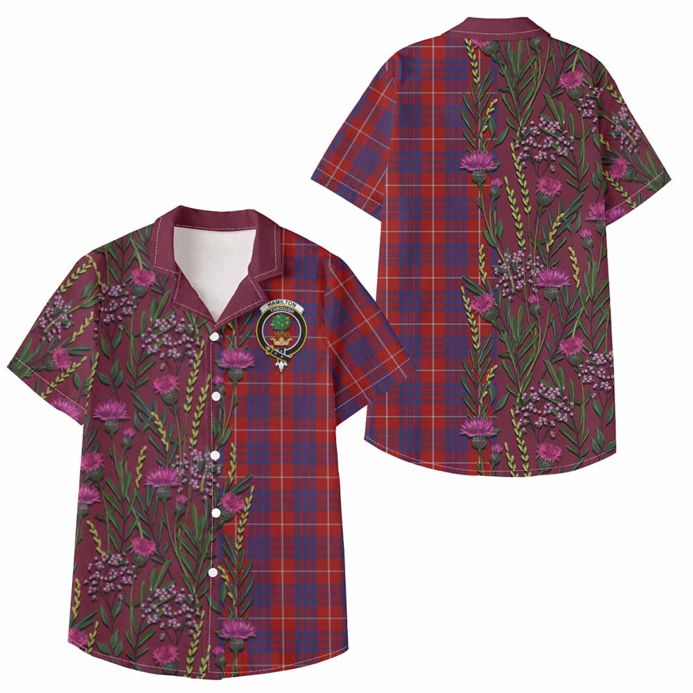 Hamilton Family Crest Tartan Kid Hawaiian Shirt Scottish Thistle Flower Pattern Half Style - Tartan Vibes Clothing