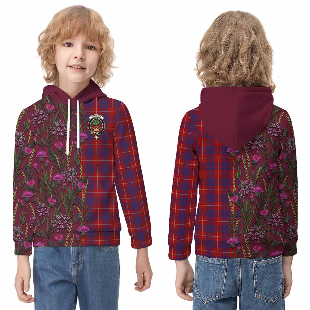 Hamilton Family Crest Tartan Kid Hoodie Scottish Thistle Flower Pattern Half Style - Tartan Vibes Clothing