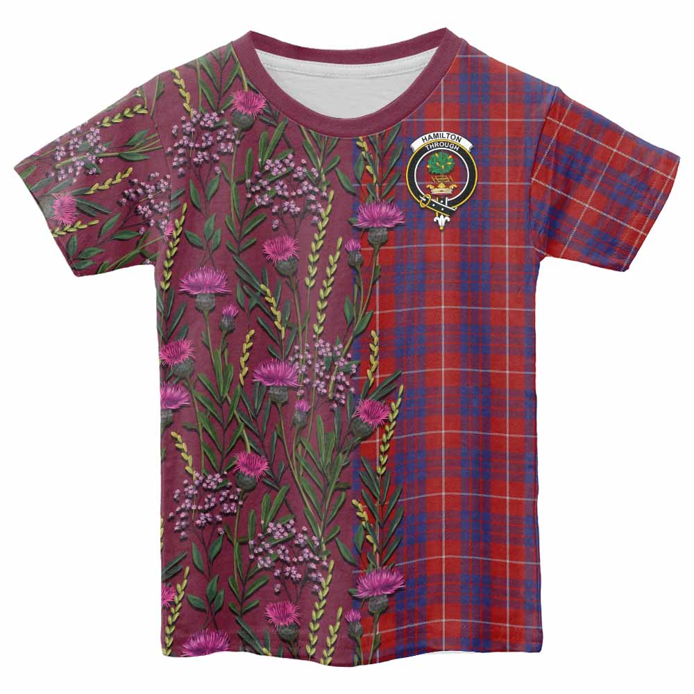 Hamilton Family Crest Tartan Kid T-shirt Scottish Thistle Flower Pattern Half Style - Tartan Vibes Clothing