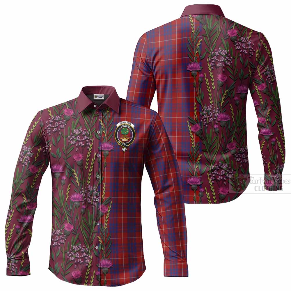 Hamilton Family Crest Tartan Long Sleeve Button Shirts Scottish Thistle Flower Pattern Half Style - Tartan Vibes Clothing