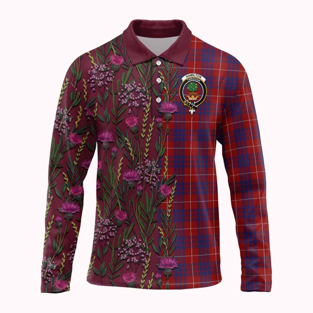 Hamilton Family Crest Tartan Long Sleeve Polo Shirt Scottish Thistle Flower Pattern Half Style - Tartan Vibes Clothing