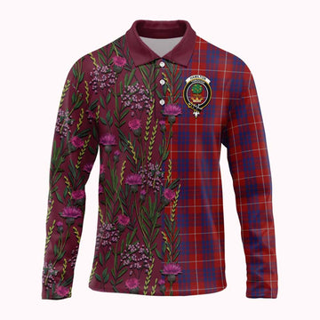 Hamilton Family Crest Tartan Long Sleeve Polo Shirt Scottish Thistle Flower Pattern Half Style