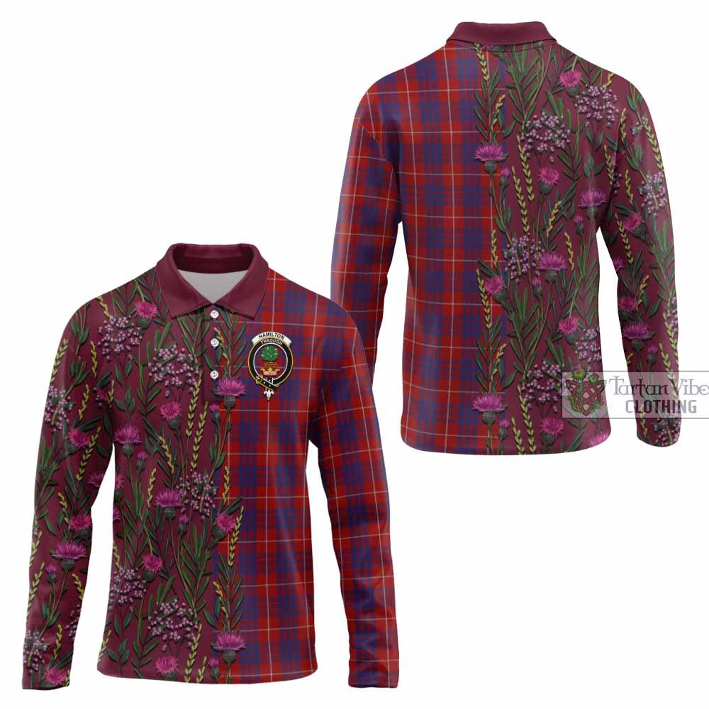 Hamilton Family Crest Tartan Long Sleeve Polo Shirt Scottish Thistle Flower Pattern Half Style - Tartan Vibes Clothing
