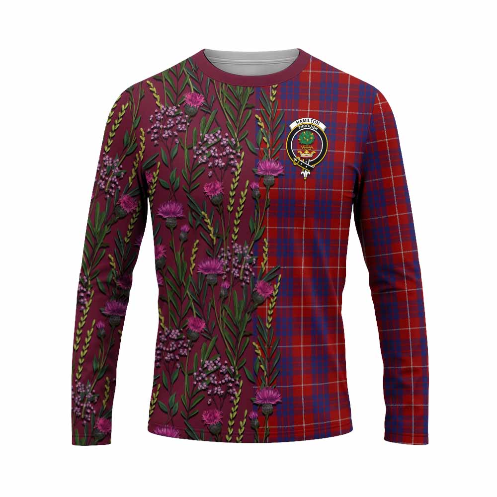 Hamilton Family Crest Tartan Long Sleeve T-Shirt Scottish Thistle Flower Pattern Half Style - Tartan Vibes Clothing