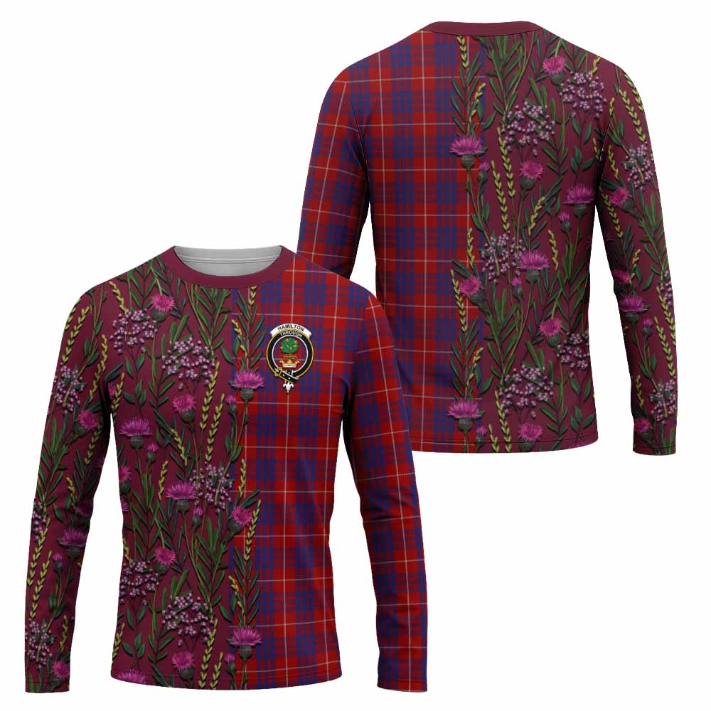 Hamilton Family Crest Tartan Long Sleeve T-Shirt Scottish Thistle Flower Pattern Half Style - Tartan Vibes Clothing