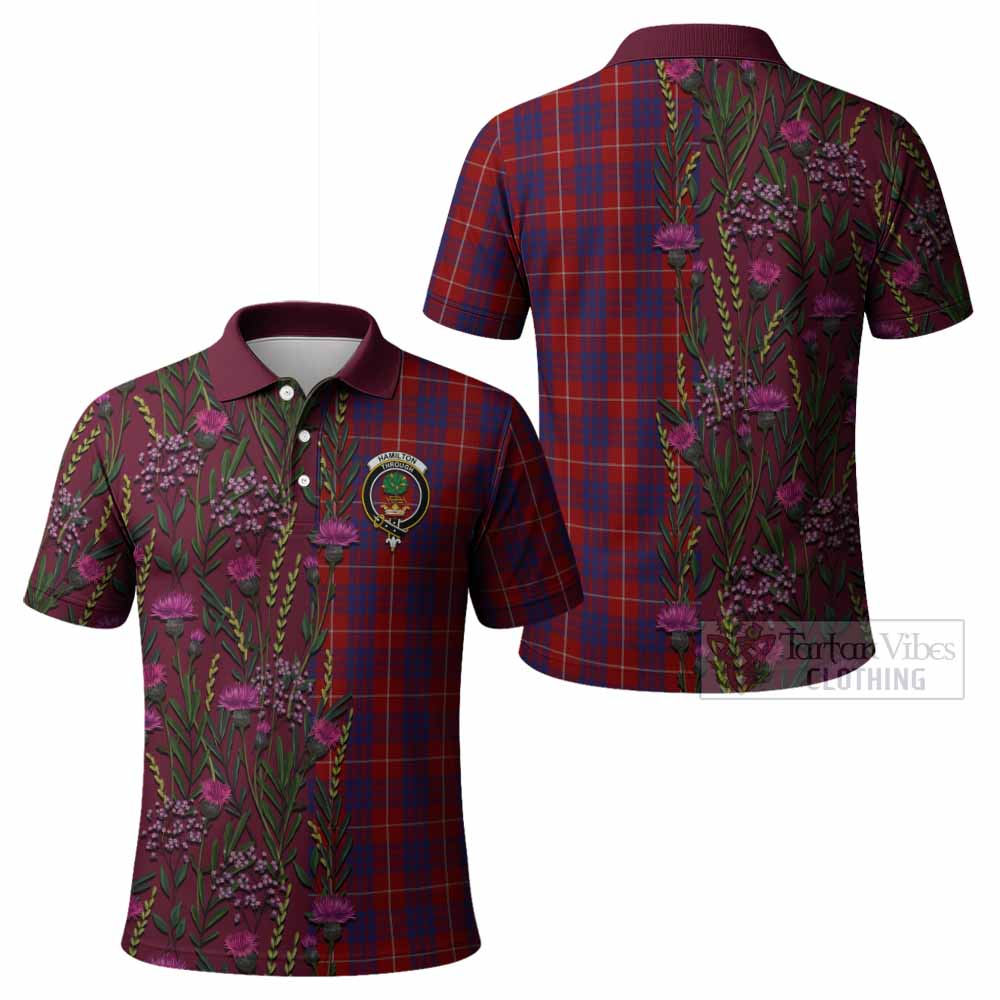 Hamilton Family Crest Tartan Polo Shirt Scottish Thistle Flower Pattern Half Style - Tartan Vibes Clothing