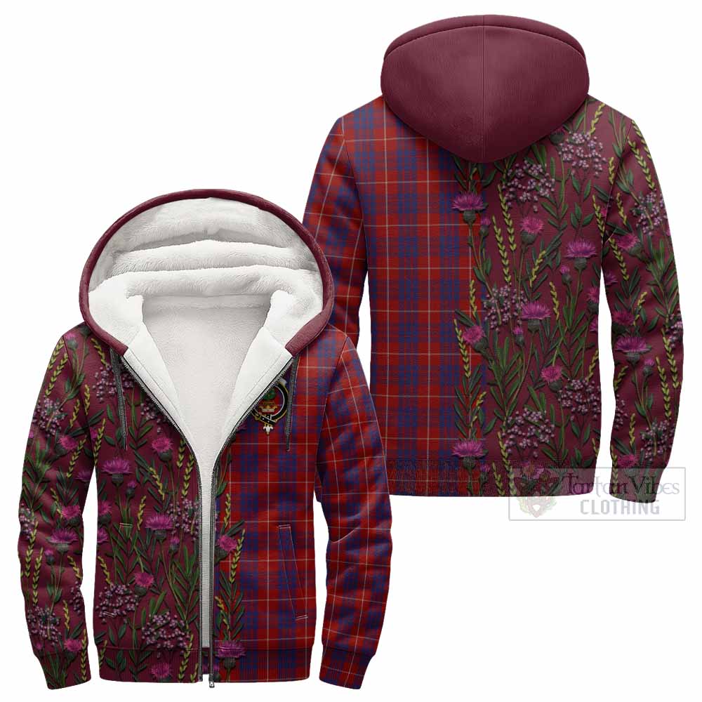 Hamilton Family Crest Tartan Sherpa Hoodie Scottish Thistle Flower Pattern Half Style - Tartan Vibes Clothing