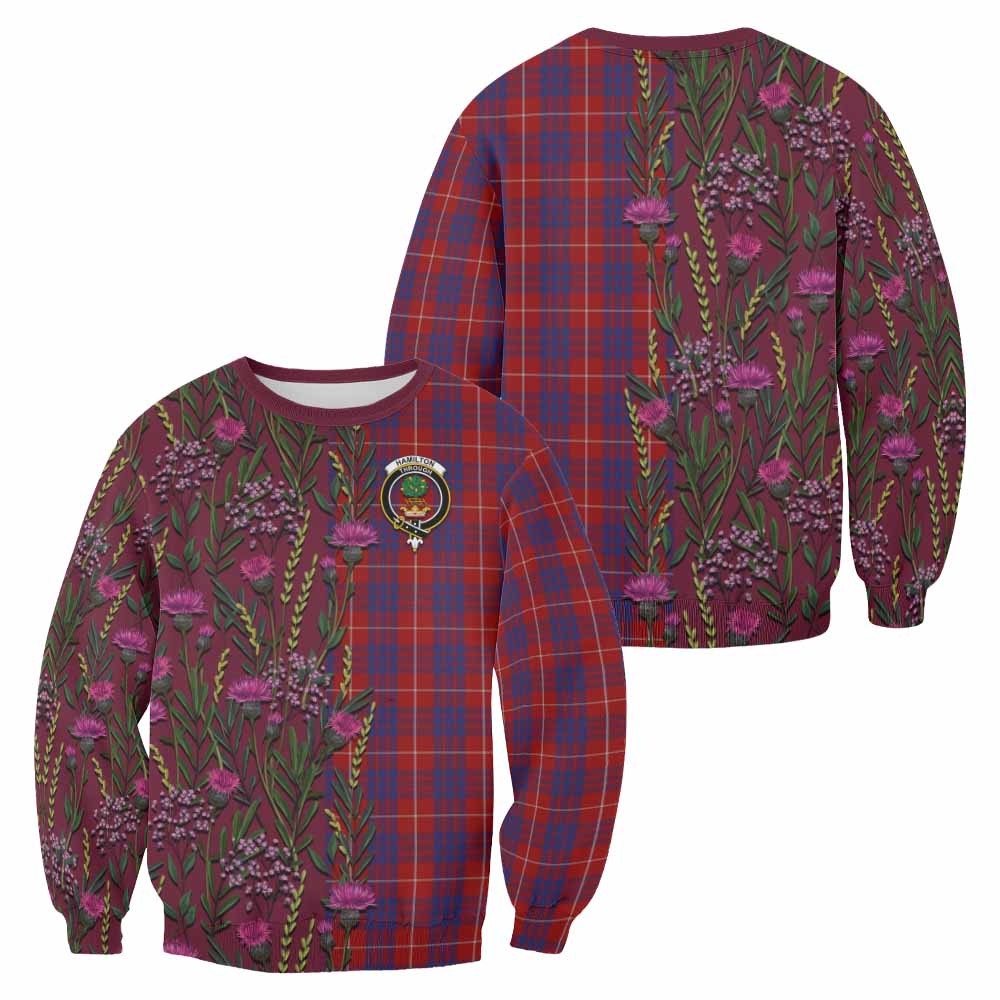 Hamilton Family Crest Tartan Sweatshirt Scottish Thistle Flower Pattern Half Style - Tartan Vibes Clothing