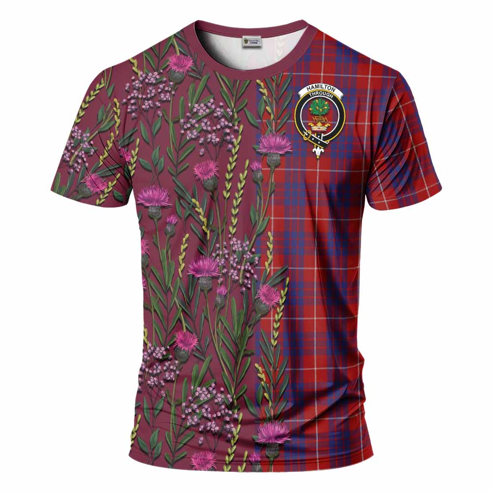 Hamilton Family Crest Tartan T-Shirt Scottish Thistle Flower Pattern Half Style - Tartan Vibes Clothing